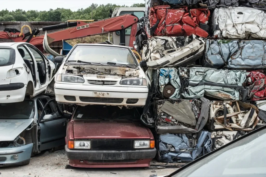 Crushed and baled scrap cars stacked at a metal recycling yard