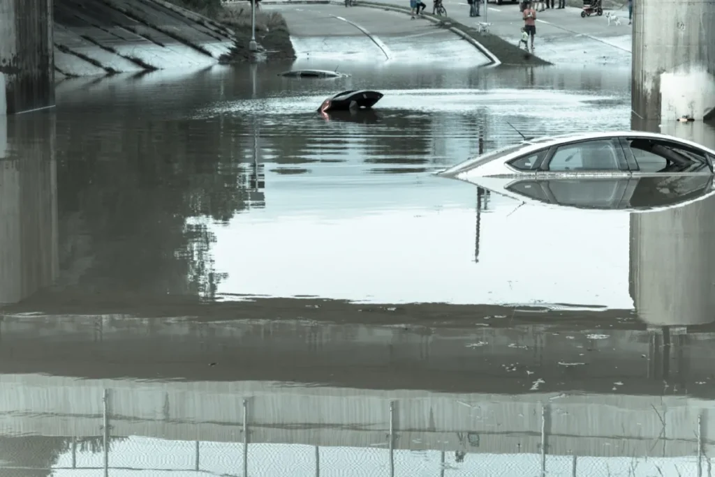Two cars swamped by high water near downtown Houston, Texas