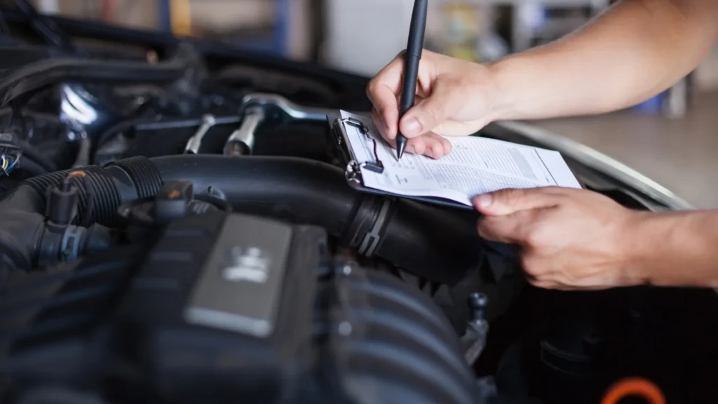 Older vehicle undergoing a failed safety inspection at a garage