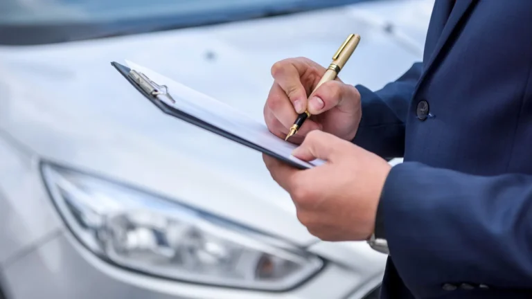 Vehicle seller reviewing an offer beside an older car and tow truck