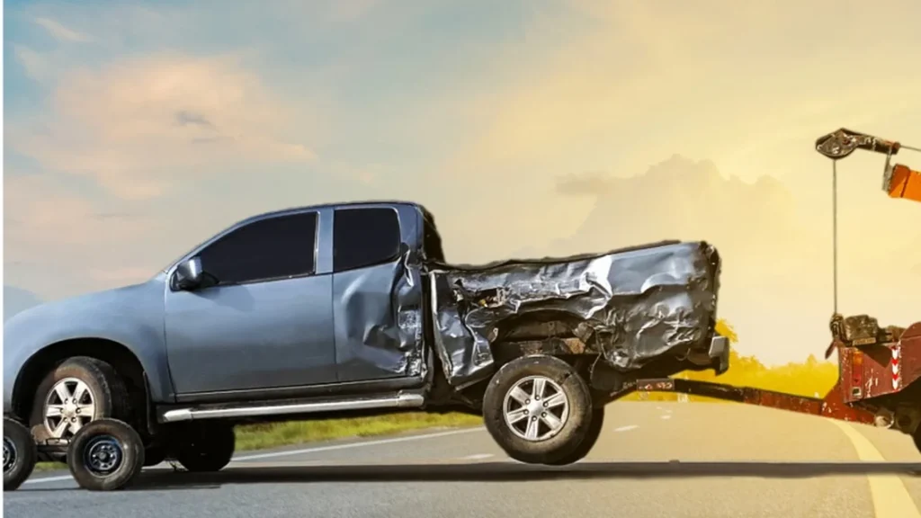Older damaged vehicle awaiting professional pickup