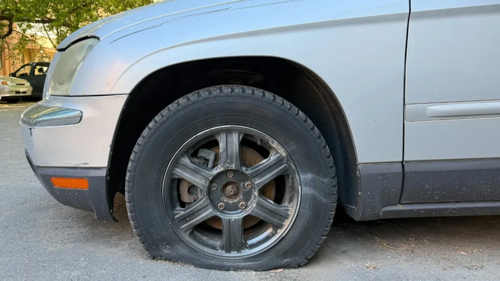 Unwanted vehicle with flat tires awaiting pickup