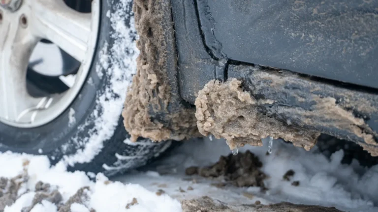 Heavily rusted older car in a snowy Nevada setting