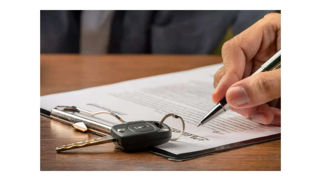 Person signing vehicle sale paperwork beside car keys