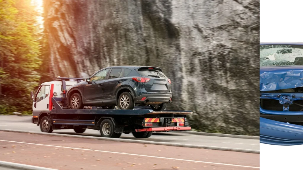 Damaged older SUV waiting for a flatbed tow