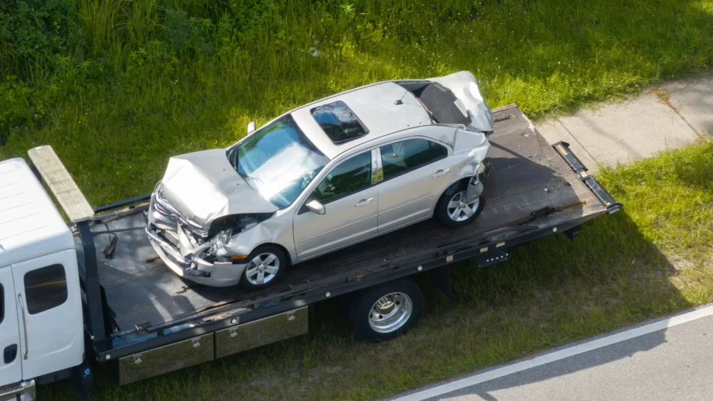 Sell a Junk Car in Oxford or Franklin County Maine Older damaged car awaiting a tow in a rural northeastern setting