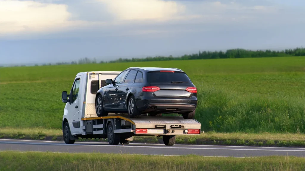 Older damaged car awaiting a tow in a rural Nevada setting
