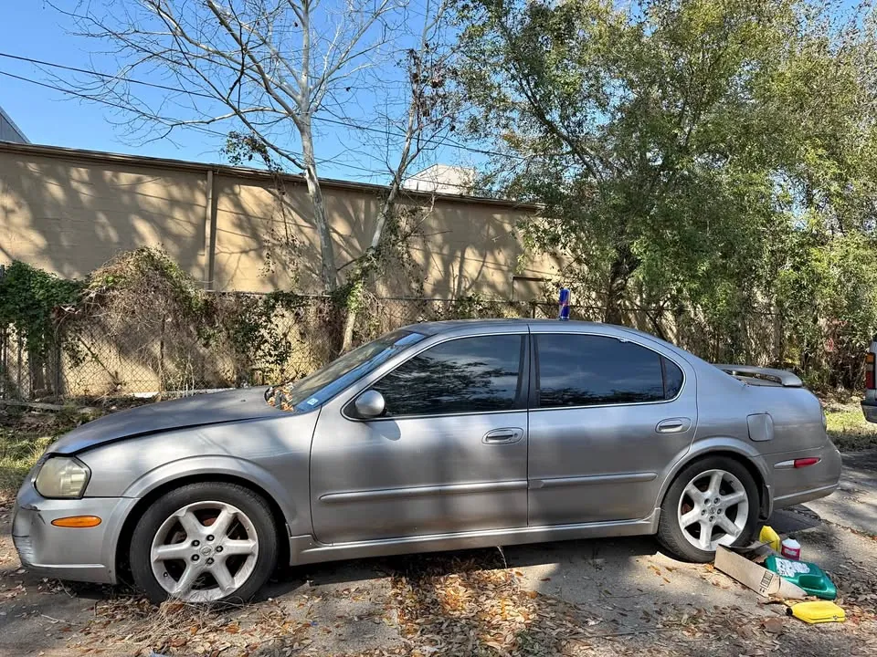 Silver 2002 Nissan Maxima SE sitting unused on a leaf-covered lot in Texas