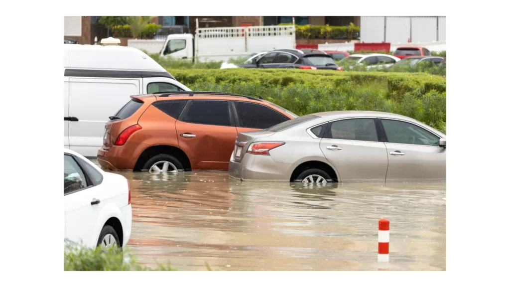 Flood Damage Valuation: Inland Fresh Water vs Saltwater in Ohio Cars stuck in water in a flooded parking lot after heavy in rain in Dubai