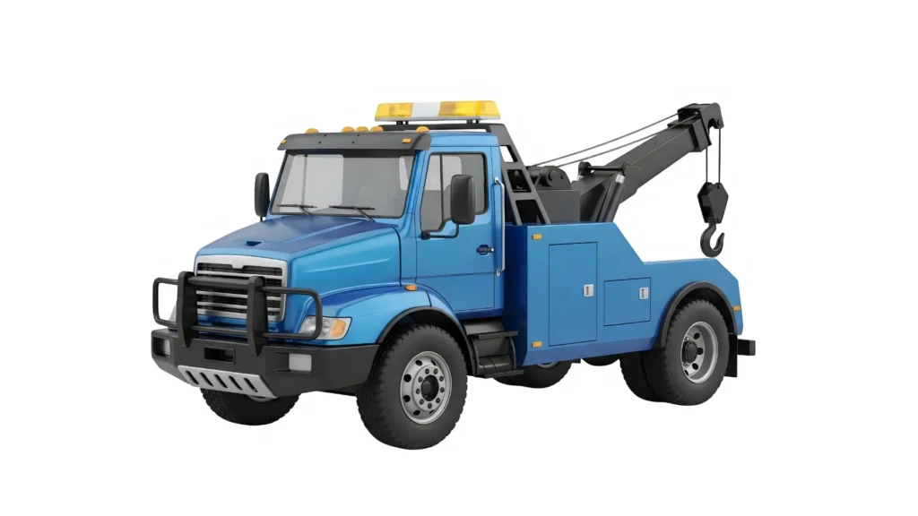 Blue tow truck with a crane for roadside vehicle assistance and recovery