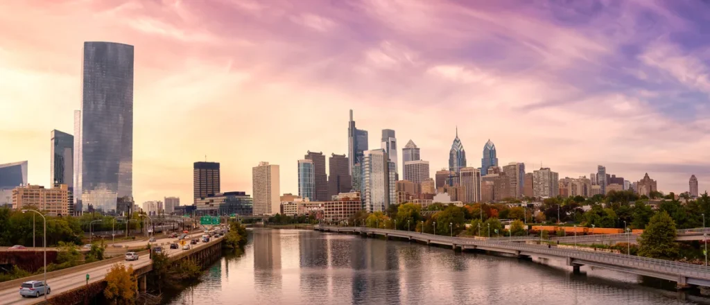 Philadelphia Pennsylvania downtown skyline along the river