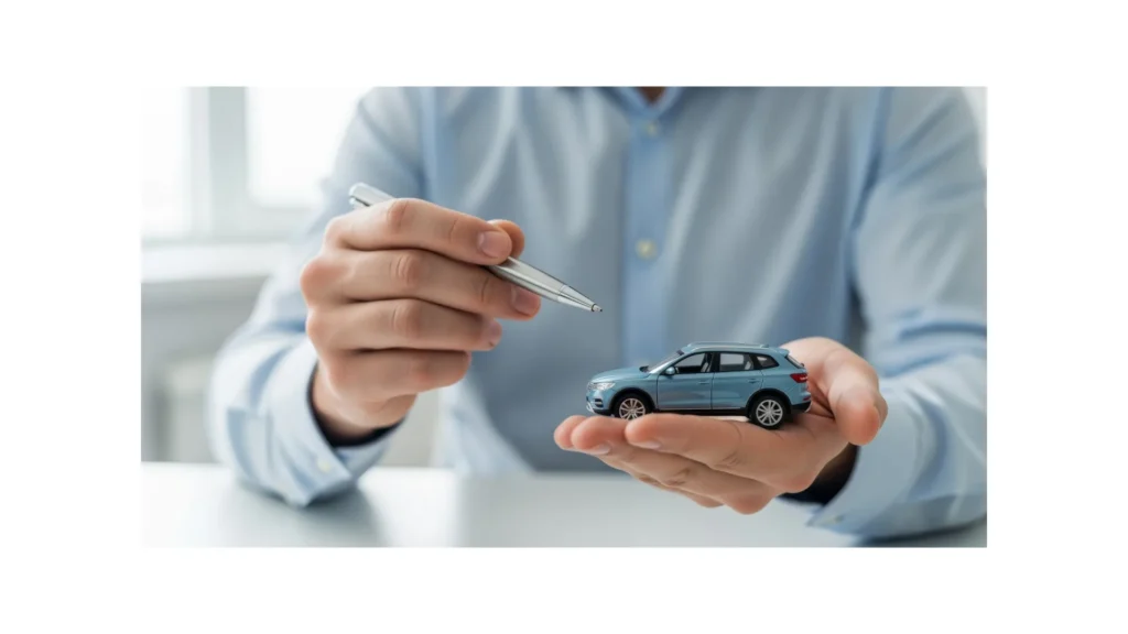 Expert insurance agent offers car insurance coverage with a miniature car in hand