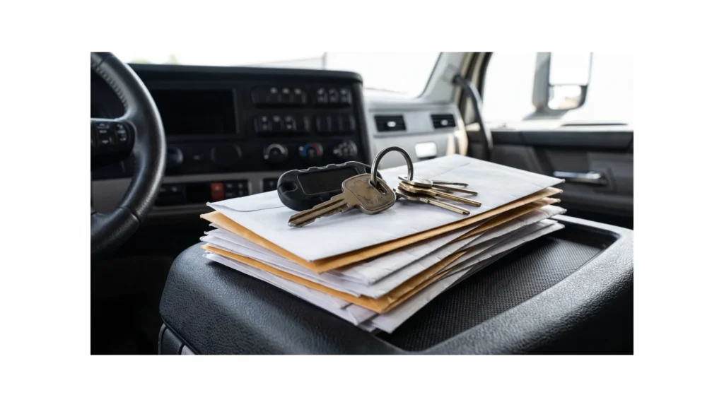 Truck keys and stack of mail envelopes on dashboard