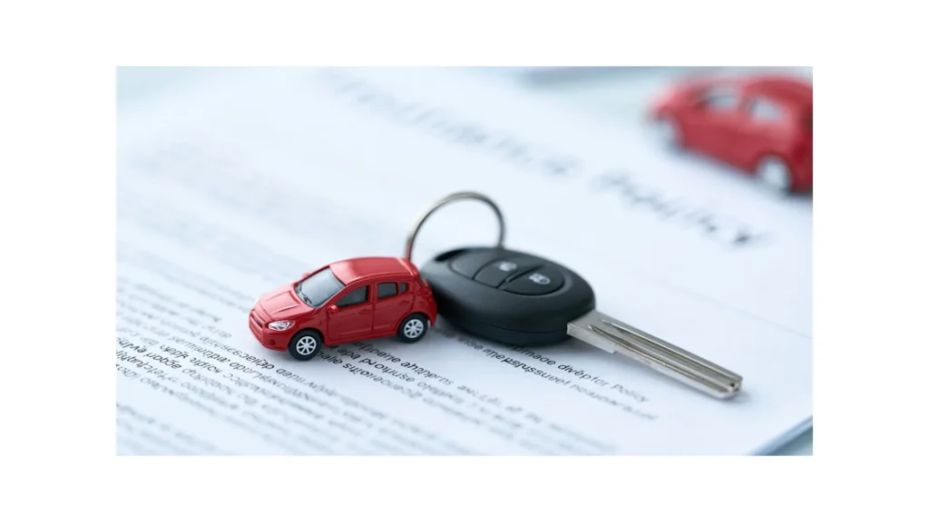 Close up of car key and miniature red car on top of legal document, symbolizing auto ownership and insurance