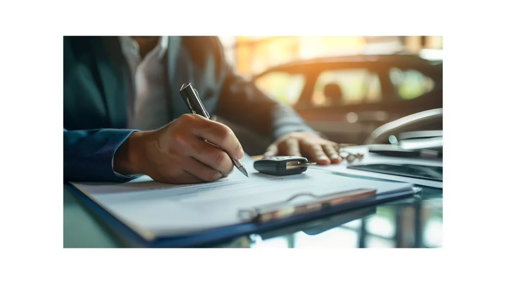 Man signing car insurance document or lease paper. Writing signature on contract or agreement. Buying or selling new or used vehicle. Car