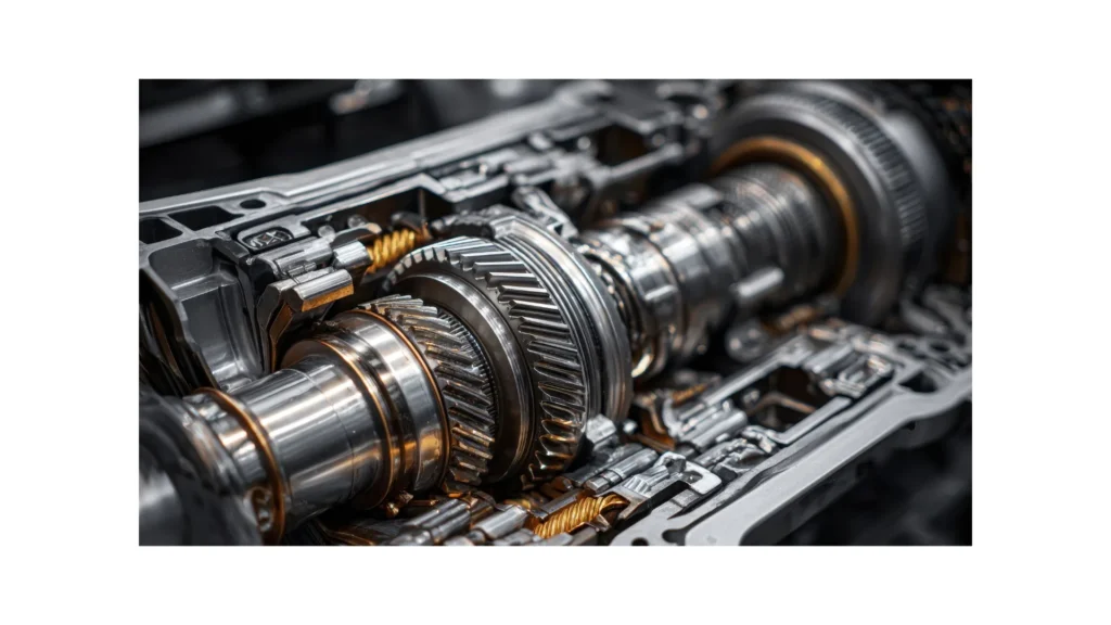 Closeup view of a complex automatic transmission gearbox mechanism