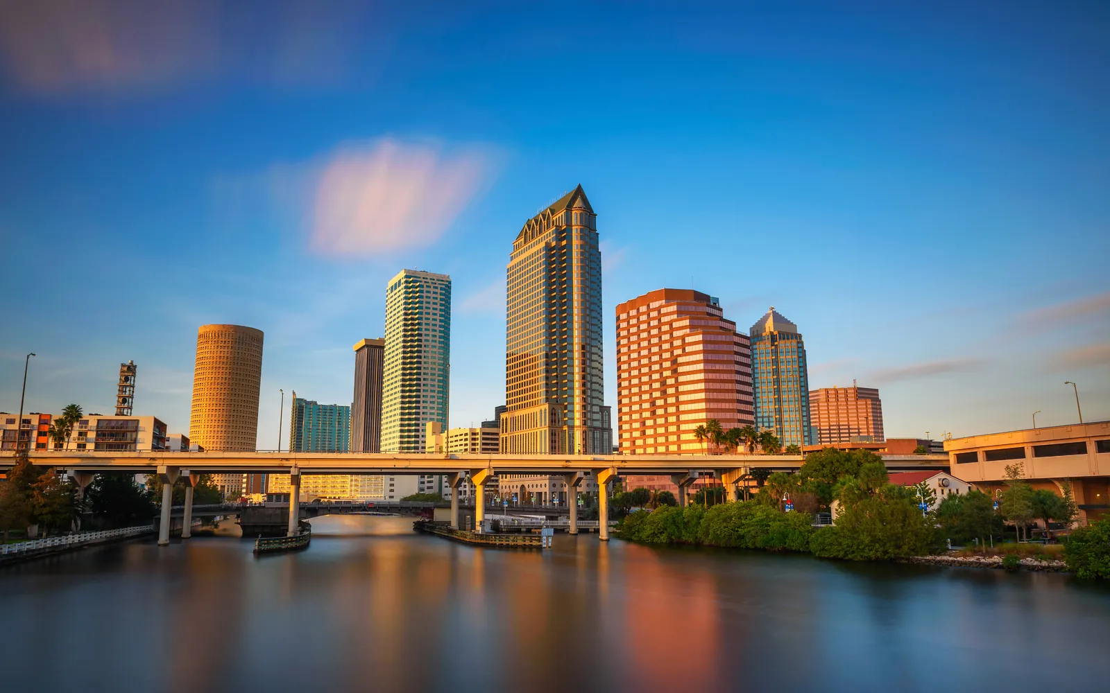 Downtown Tampa skyline over the Hillsborough River at golden hour, Florida